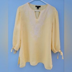 Yellow Linen Blouse/tunic with embroidery detail, drawstring cuffs. Size 12